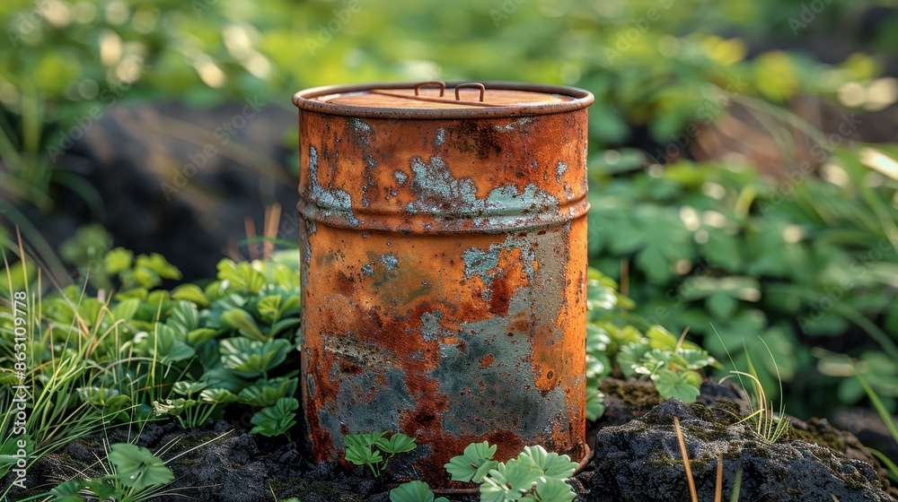 A rusty metal canister resting on a ground surrounded by lush green plants, showcasing the contrast between human-made objects and the natural world's encroaching beauty. A rusty metal canister resting on a ground surrounded by lush green plants, showcasing the contrast between human-made objects and the natural world's encroaching beauty.