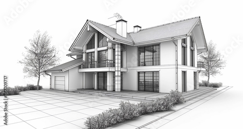 black and white sketch of modern and minimalistic home, 3d illustration isolated on a white background