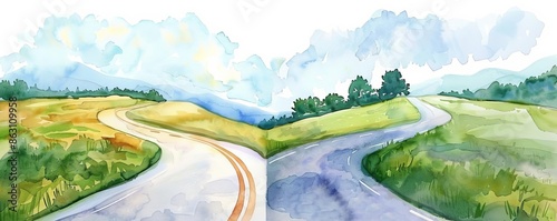 Road splitting into two paths, one marked opportunity, the other choice, watercolor style, pivotal moment