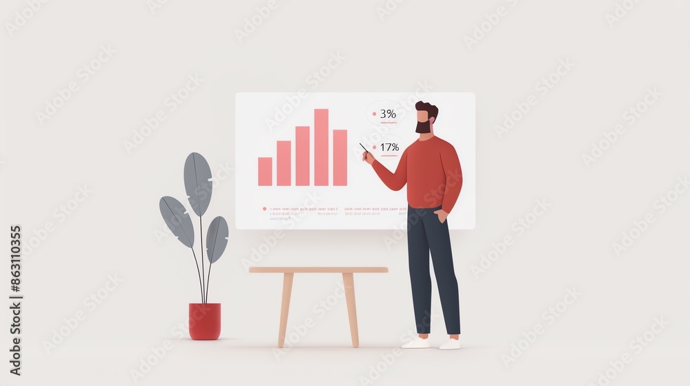 A man is standing in front of a flipchart with a bar graph on it. He is pointing at the graph with a pointer in his hand. There is a potted plant next to him.