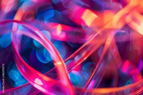 Abstract vibrant neon lights background for party, music, or digital art designs. Colorful glowing lines and bokeh effect. © Arbystudio