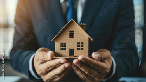 A person in a business suit holding a small model house in their hands. The image symbolizes real estate, home ownership, and investment