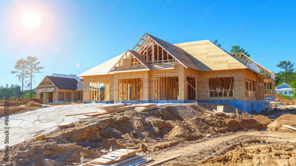 A house under construction with a lot of dirt and wood A house under construction with a lot of dirt and wood