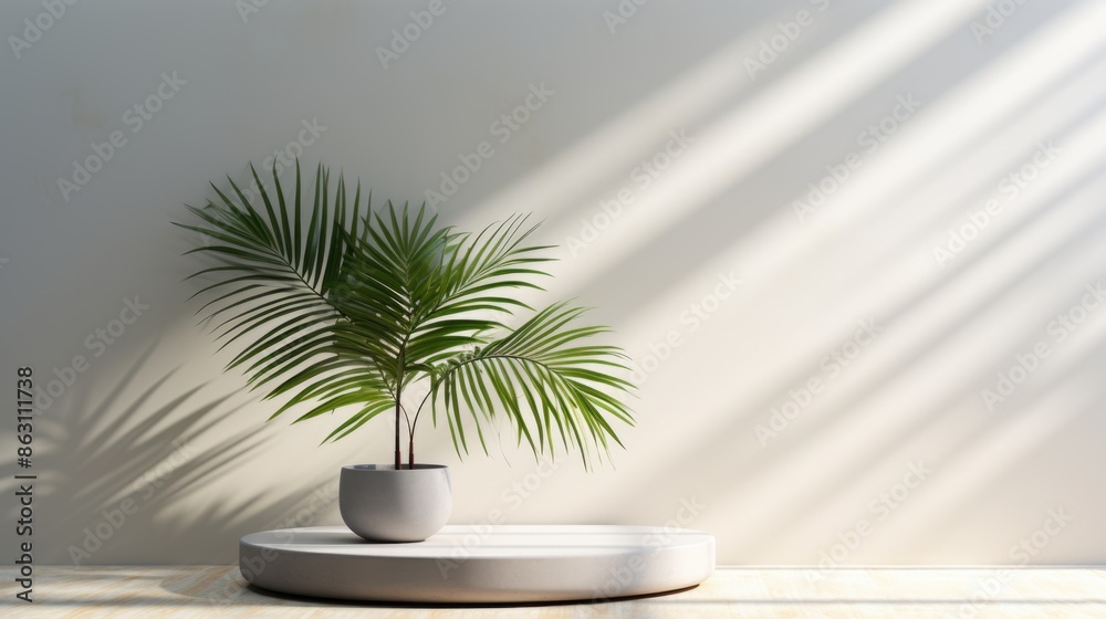 Modern Minimalistic Podium with Palm Leaf Shadow in Soft Daylight - 3D Rendering for Summer Beach Concept Modern Minimalistic Podium with Palm Leaf Shadow in Soft Daylight - 3D Rendering for Summer Beach Concept