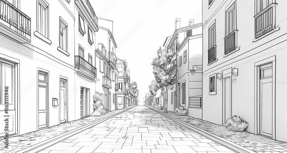 black and white sketch of modern and minimalistic European street, 3d illustration isolated on a white background black and white sketch of modern and minimalistic European street, 3d illustration isolated on a white background
