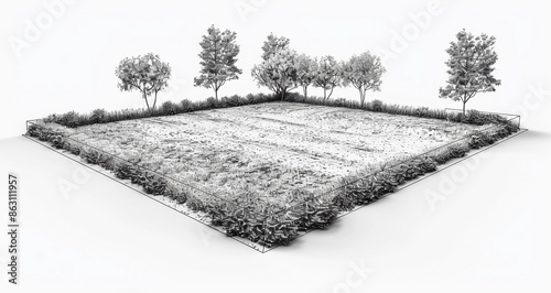 black and white sketch of a rectangular vacant and plot with boundaries, 3d illustration isolated on a white background