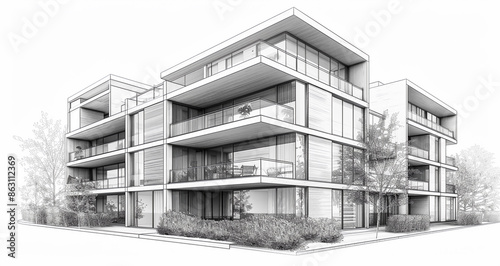 black and white sketch of modern and minimalistic apartment complex, 3d illustration isolated on a white background