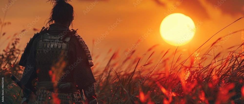 Silhouette of a warrior in armor against a vibrant sunset, standing in a field of tall grass, exuding strength and tranquility. Silhouette of a warrior in armor against a vibrant sunset, standing in a field of tall grass, exuding strength and tranquility.