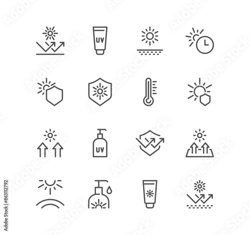 Set of sun protection related icons, sunscreen, uv rays exposure time and linear variety vectors.	
