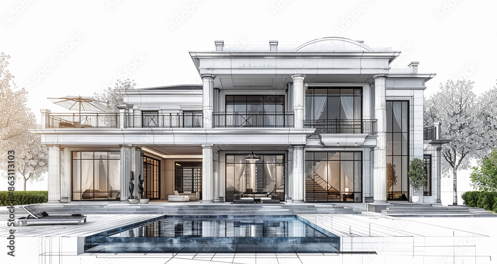 black and white sketch of modern and minimalistic VIlla with minimalistic colors, 3d illustration isolated on a white background black and white sketch of modern and minimalistic VIlla with minimalistic colors, 3d illustration isolated on a white background