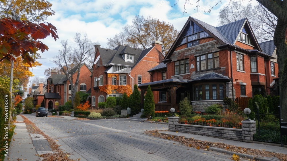 A street with houses on both sides and a car parked on the left side A street with houses on both sides and a car parked on the left side