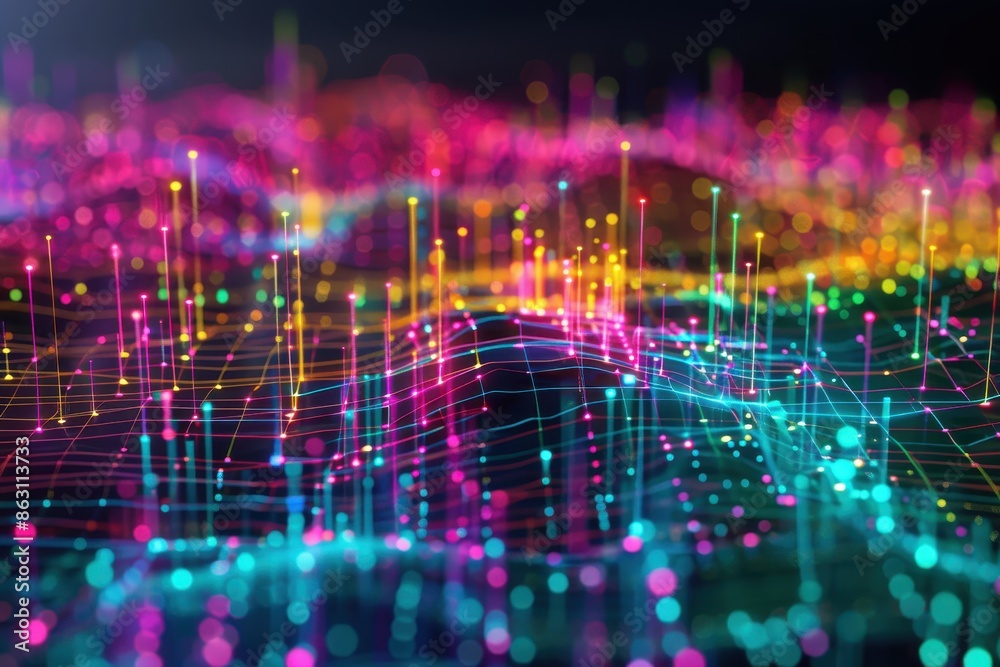 Obraz premium Colorful glowing data visualization with abstract grid and digital points. Futuristic technology concept for big data and AI.