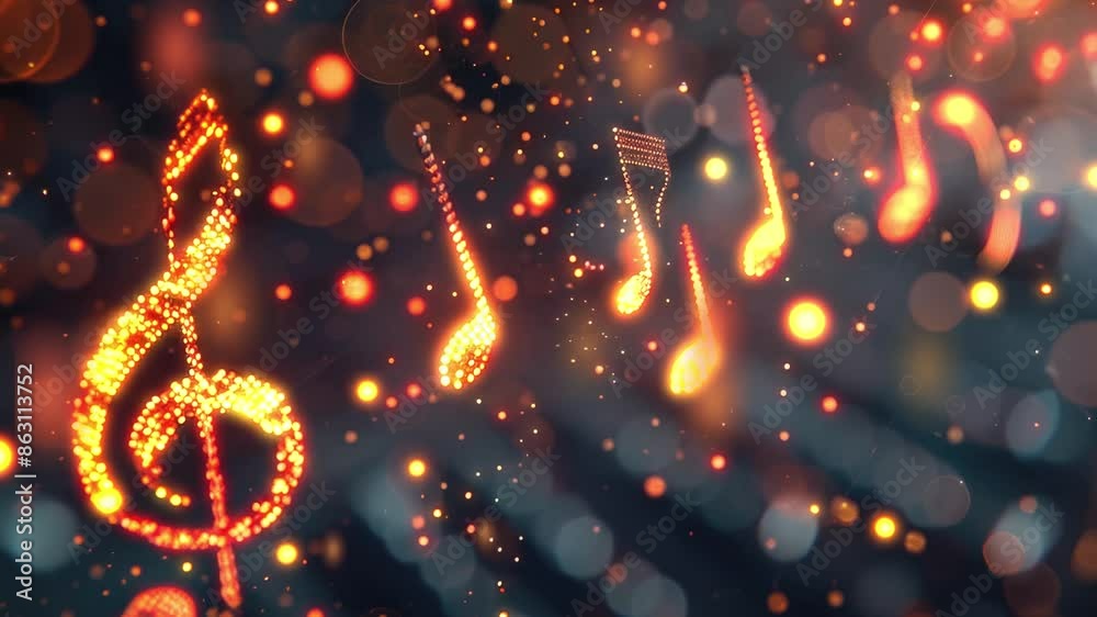 Music notes symbols on glowing blurred lights bokeh background. Concert, karaoke or performance concept Music notes symbols on glowing blurred lights bokeh background. Concert, karaoke or performance concept