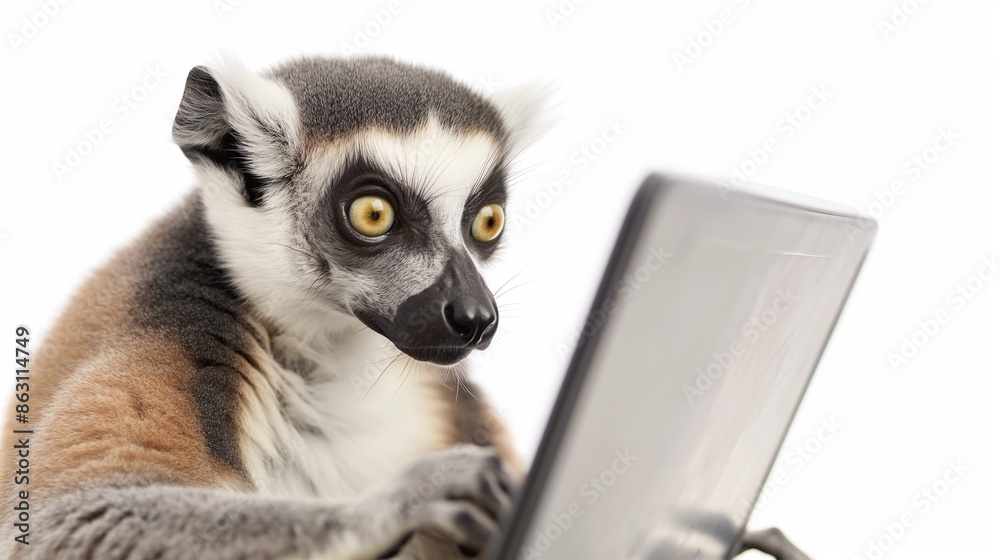 Obraz premium Lemur using laptop on white background in studio.