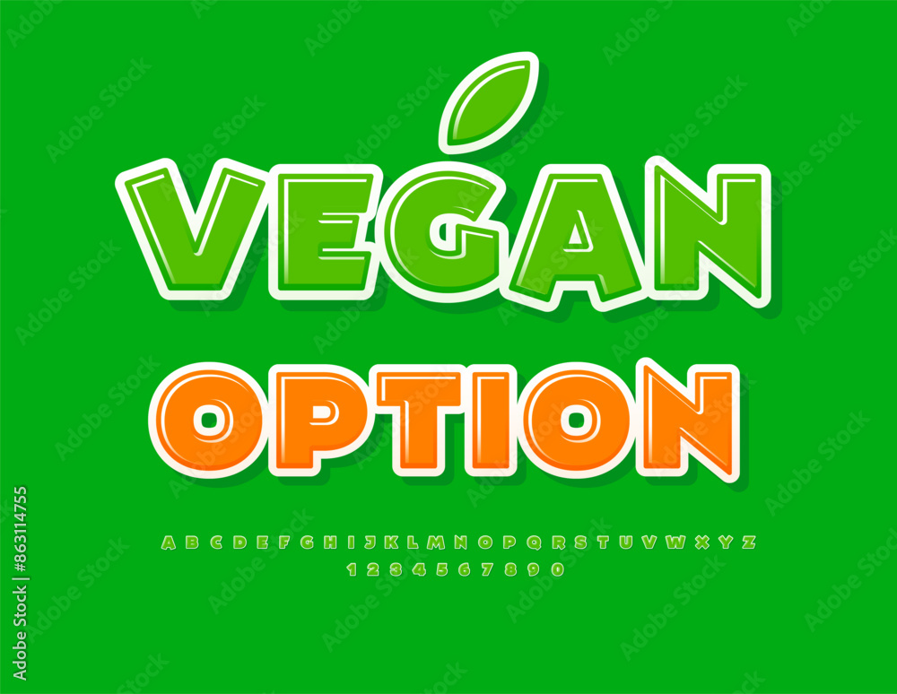 Vector eco banner Vegan Option. Glossy Green Font. Modern Alphabet Letters and Numbers set. Vector eco banner Vegan Option. Glossy Green Font. Modern Alphabet Letters and Numbers set.