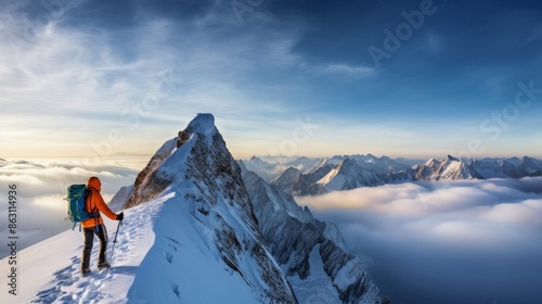 Mountaineer at Sunrise on Snowy Mountain Peak © Shades3d
