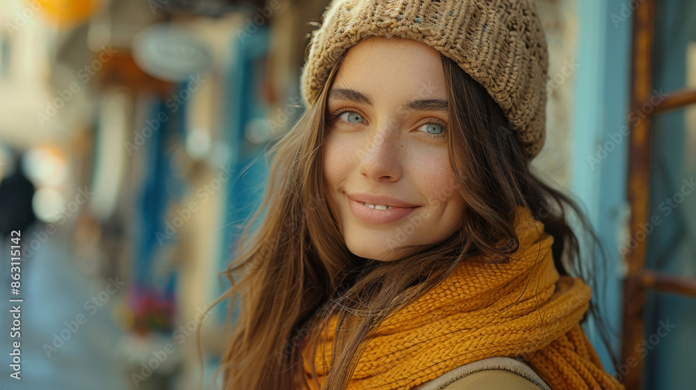 smiling girl in a hat walking the old streets smiling girl in a hat walking the old streets
