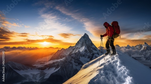 Mountaineer at Sunrise on Snowy Mountain Peak
