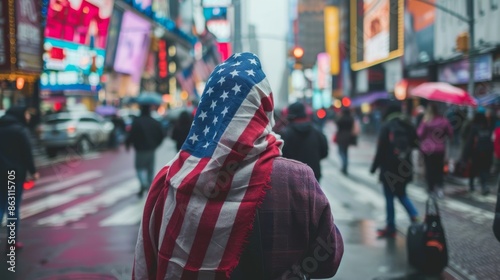 american flag scarf in rainy new york city street photography capturing urban life