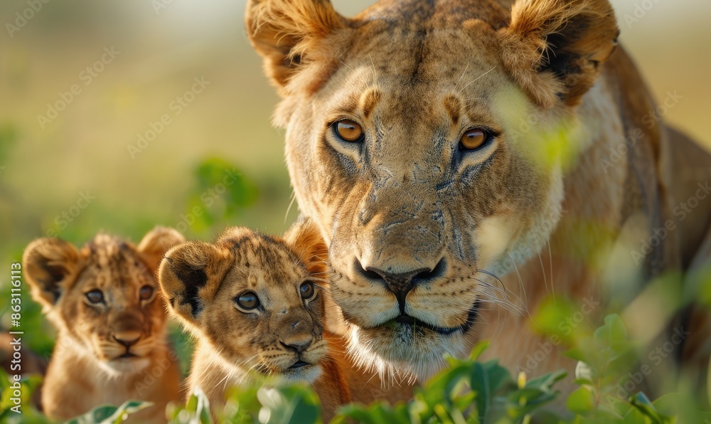 A close-up of a lioness with two adorable cubs in the grass, showcasing the beauty of wildlife and family bonds in nature. A close-up of a lioness with two adorable cubs in the grass, showcasing the beauty of wildlife and family bonds in nature.