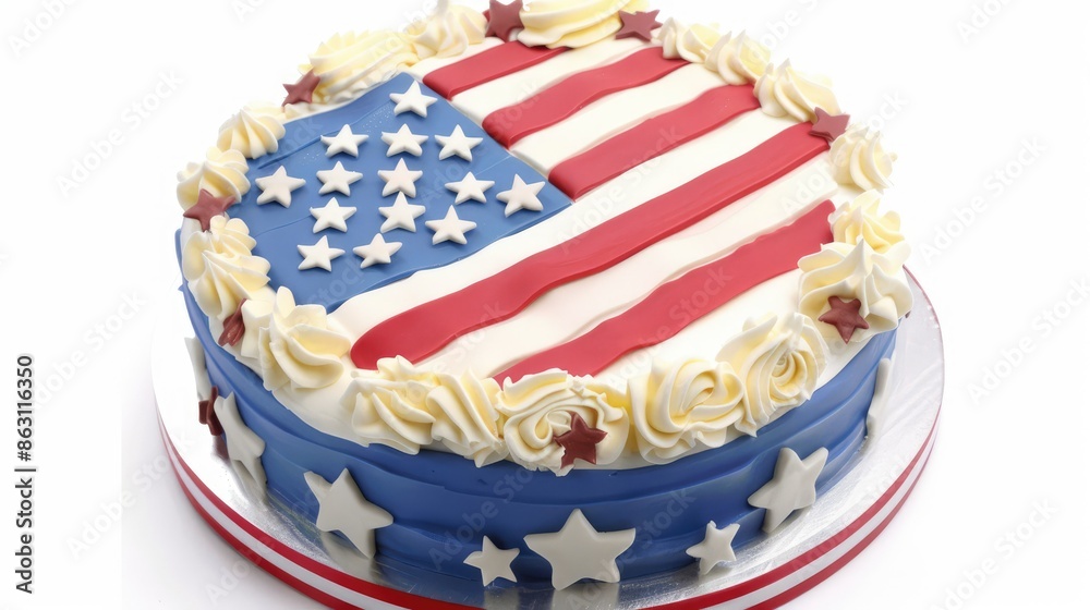 Obraz premium Patriotic Cake Decorated with American Flag and Red, White, Blue Icing for Independence Day 