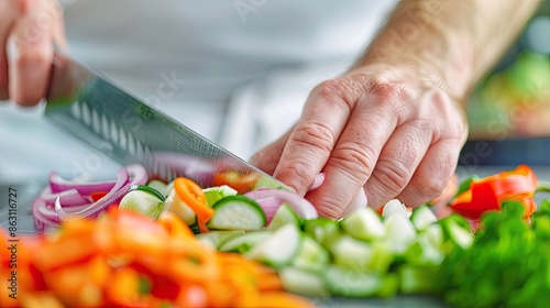 Close-up of a chef slicing fresh vegetables on a cutting board, showcasing culinary skills and healthy cooking in a professional kitchen.
