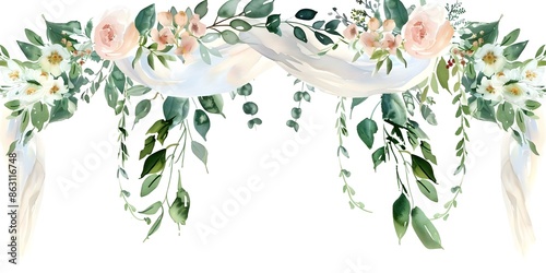 Watercolor wedding arch illustration with greenery and flowers for rustic invitations. Concept Rustic Wedding Invitations, Watercolor Illustration, Greenery and Flowers, Wedding Arch