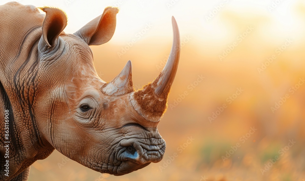 Fototapeta premium Close-up of a rhinoceros at sunset, showcasing the detailed texture of its skin and the majestic horn against a warm, golden background.