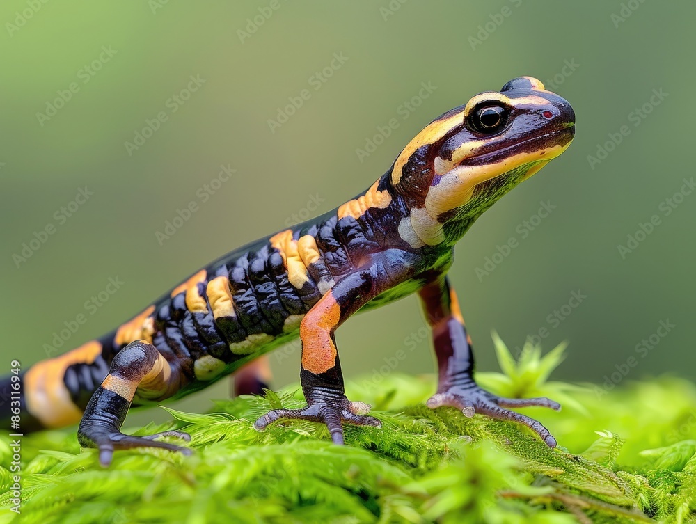 Fototapeta premium Close-up of a vibrant, colorful salamander perched on green moss with a blurred nature background. Perfect for nature and wildlife enthusiasts.