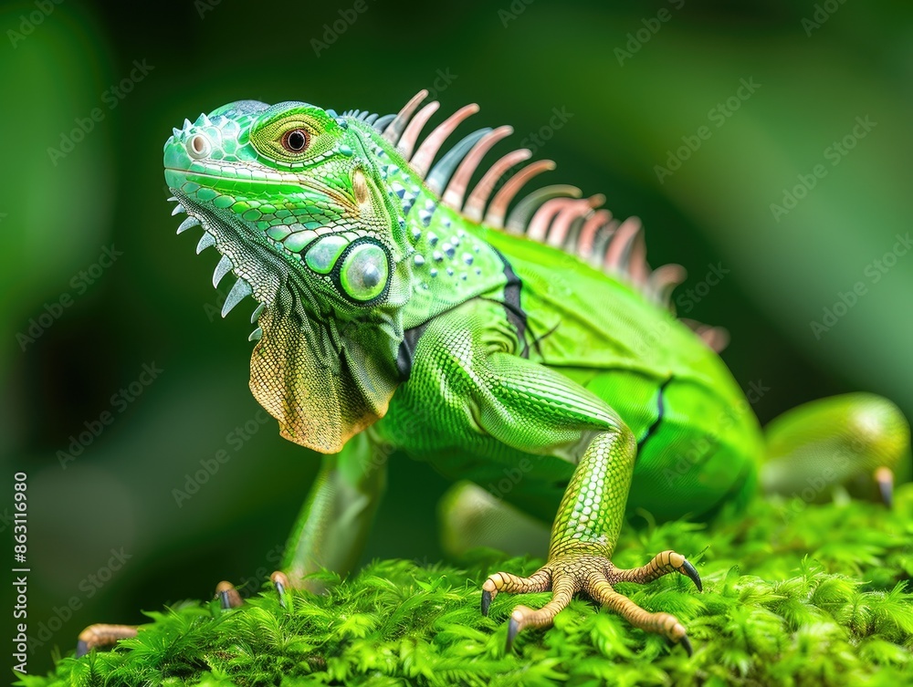 Close-up of a vibrant green iguana resting on a mossy branch in a tropical rainforest, showcasing its detailed scales and spines. Close-up of a vibrant green iguana resting on a mossy branch in a tropical rainforest, showcasing its detailed scales and spines.