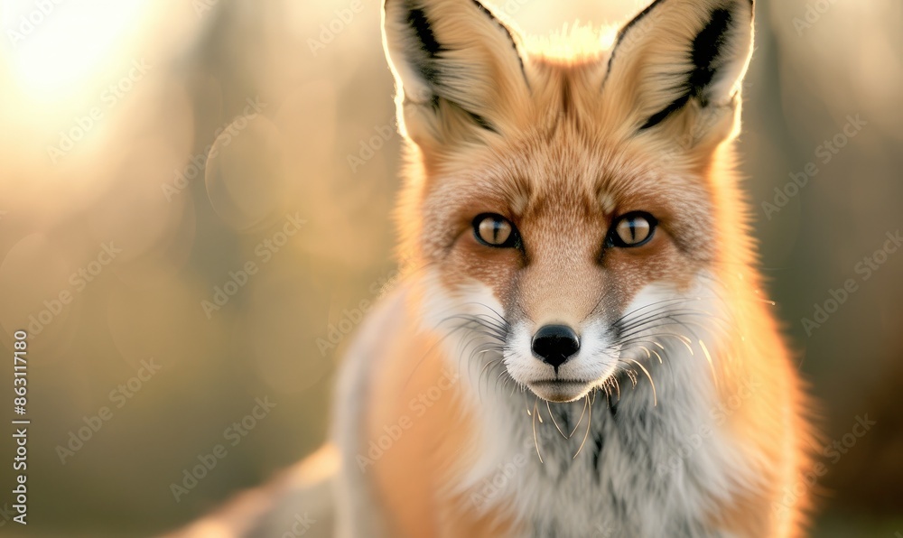 Fototapeta premium Close-up portrait of a red fox with blurred background, showcasing its striking fur and intense gaze in natural light.