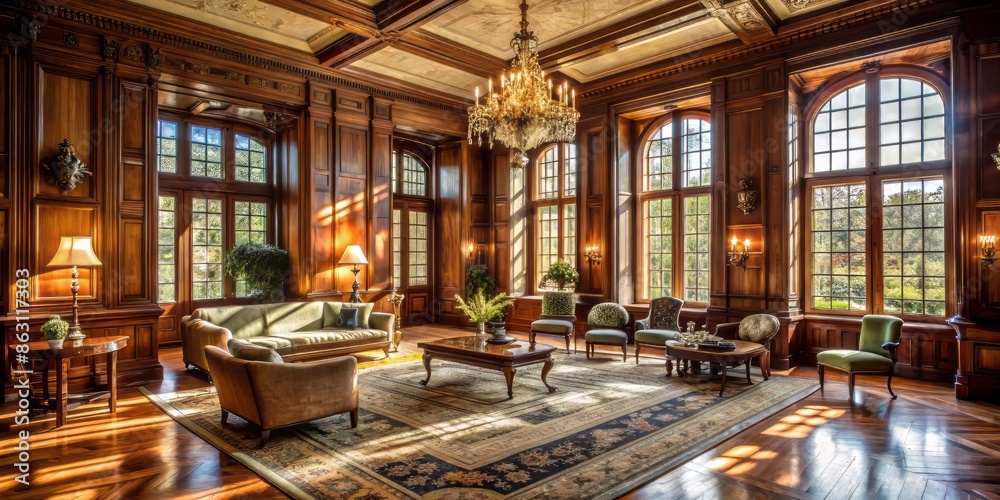 Elegant antique furnishings adorn a spacious room with high ceilings, rich wood paneling, and large windows bathing in warm, soft, afternoon natural light. Elegant antique furnishings adorn a spacious room with high ceilings, rich wood paneling, and large windows bathing in warm, soft, afternoon natural light.
