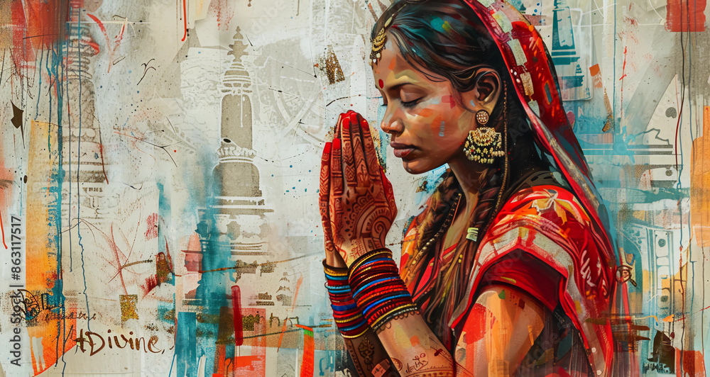 Fototapeta premium Graffiti image of an Indian lady praying with her eyes closed on a colorful backwall of the city streets with 
