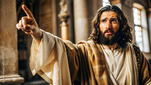 Jesus Christ preaching the Word of God and pointing the finger at the Pharisees illustration