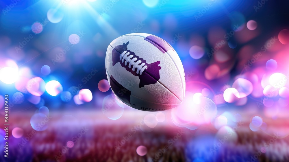 Rugby ball flying through the air in a brightly lit stadium, capturing the excitement and energy of the sport Rugby ball flying through the air in a brightly lit stadium, capturing the excitement and energy of the sport