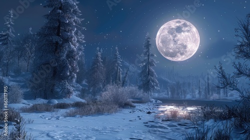 Snow-covered forest under a full moon with serene night sky, showcasing tranquil winter landscape and nature's beauty.