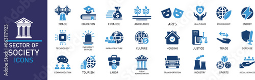 Sector of society icon set. Containing agriculture, education, healthcare, energy, technology, transportation, arts, justice and more. Solid vector icons collection