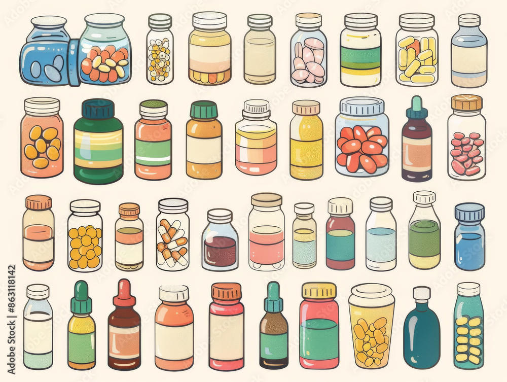 Illustrated collection of various vitamin and supplement bottles Illustrated collection of various vitamin and supplement bottles