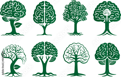 A set of green vector tree designs with roots forming the shape of a brain