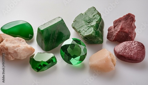 green gem stones nuggets set white background isolated close up raw emerald gemstones collec photo