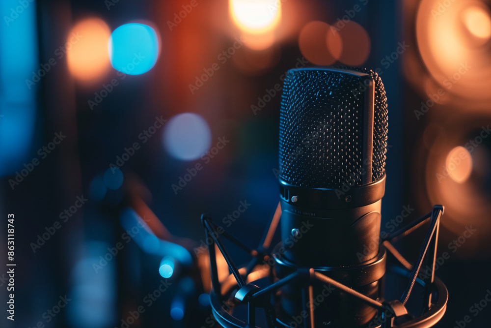 Close-Up Portrait of Voice Recording Microphone in Studio - Modern Digital Audio Recording Setup with Ambient Lighting Close-Up Portrait of Voice Recording Microphone in Studio - Modern Digital Audio Recording Setup with Ambient Lighting