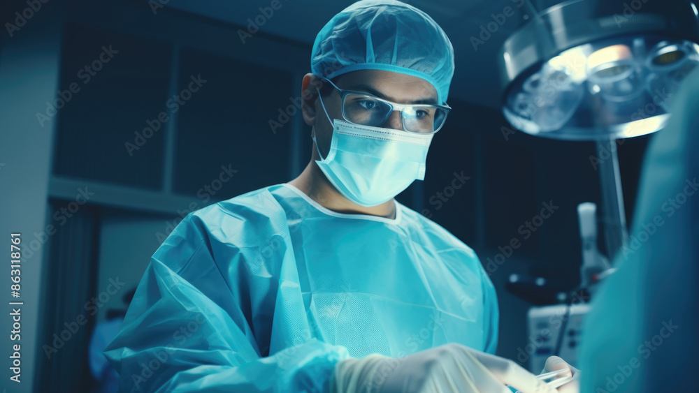A surgeon in a sterile operating room, focused on a surgical procedure. The image emphasizes precision, professionalism, and medical expertise. A surgeon in a sterile operating room, focused on a surgical procedure. The image emphasizes precision, professionalism, and medical expertise.