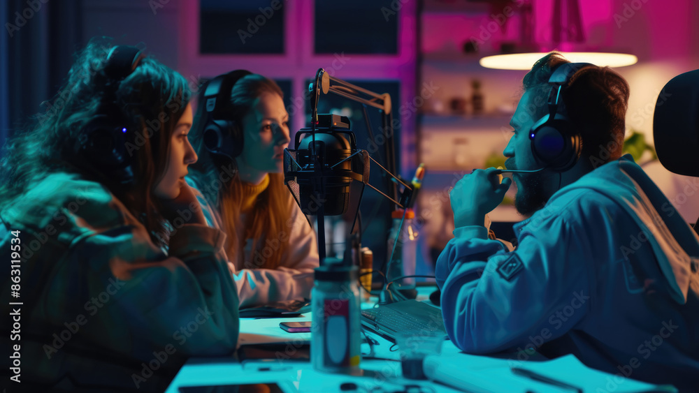 A group of people recording a podcast in a studio with vibrant lighting. They are engaged in discussion, wearing headphones, and using professional microphones