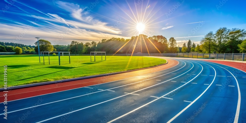 Sunlit empty running track with bright blue lanes and vivid green grass surrounding it, situated in a serene and peaceful outdoor athletic stadium environment.