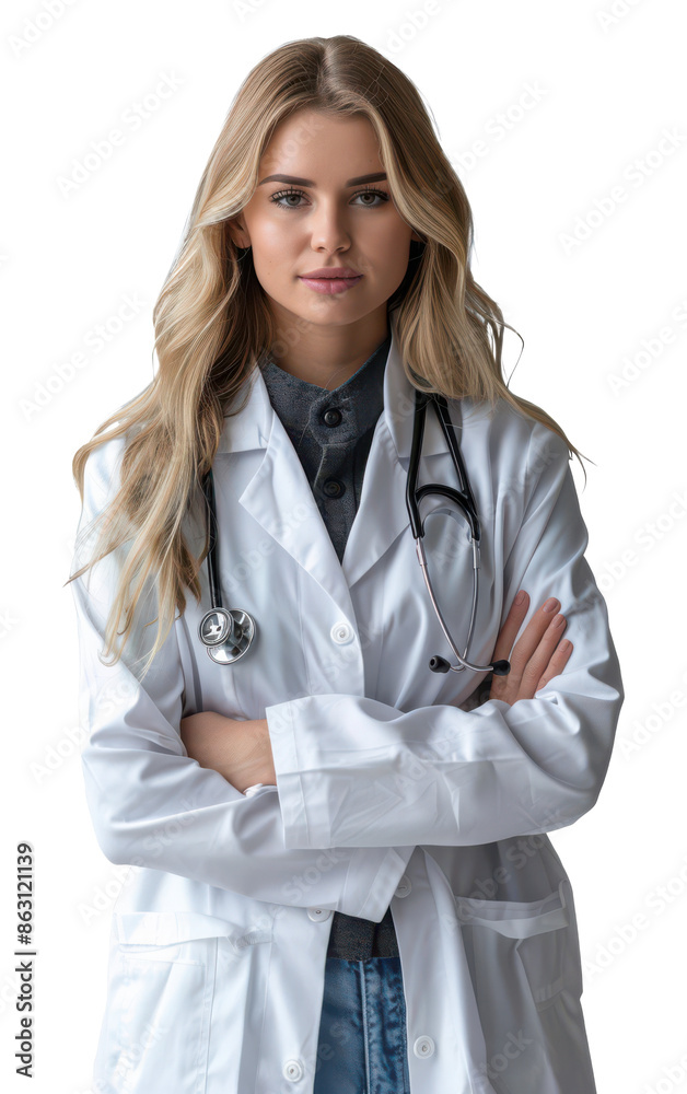Professional Female Doctor with Stethoscope, White Coat, and Confident Expression.
