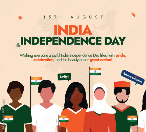 Indian independence day, 15th August. Independence day of India celebration banner with people of different ethnic holding its flags. The day is celebrated when the country got freedom for British. photo