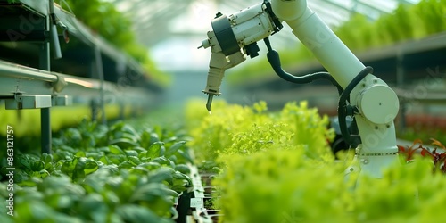 Robot-assisted hydroponic greenhouse cultivation of plants with advanced technology. Concept Hydroponic Greenhouse Cultivation, Robot Assistance, Advanced Technology, Plant Growth, Smart Farming photo