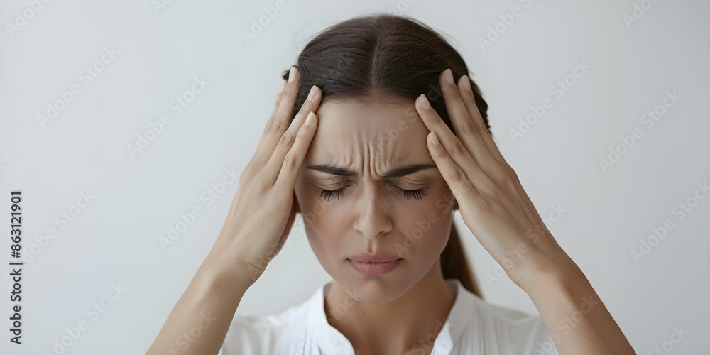Fototapeta premium Woman experiencing stress and headache while holding her head. Concept headache relief, stress management, health and wellness, self-care strategies