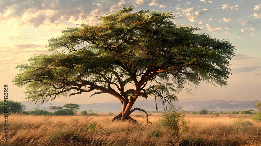 Obraz premium A majestic acacia tree stands tall in the African savannah, its leaves casting intricate shadows on the surrounding grasslands as wildlife roams around it