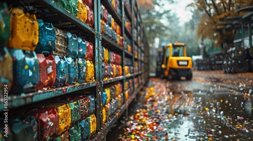 Brightly colored bundles of compacted waste are stacked high in the outdoor landfill area, with a forklift visible in the background, emphasizing recycling and waste management efforts. photo